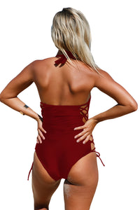Sexy Purplish Red Lace up Side Accent Open Back One-piece Swimsuit