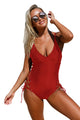 Sexy Purplish Red Plunging V Neck Grommet Lace up One-piece Swimwear