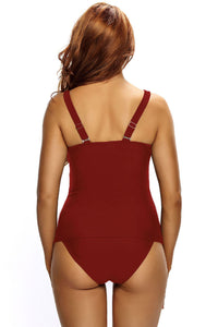 Sexy Purplish Red Ruched Tank Top Tankini Set Swimwear