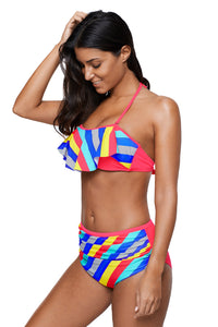 Sexy Rainbow Striped Ruffle Trim 2pcs Bikini Swimsuit