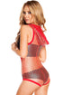 Sexy Red 3pcs Hooded Net Plunging Romper Set