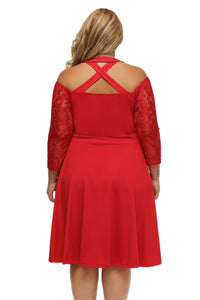 Sexy Red Alluring Lace Sleeve Swing Plus Dress