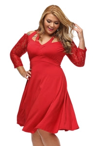Sexy Red Alluring Lace Sleeve Swing Plus Dress