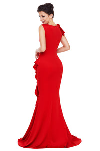 Sexy Red Asymmetric Pleats Detail Elegant Long Party Dress