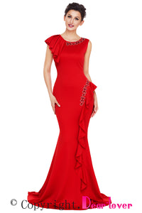 Sexy Red Asymmetric Pleats Detail Elegant Long Party Dress