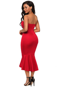 Sexy Red Asymmetric Ruffle Hem Strapless Party Dress