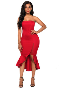 Sexy Red Asymmetric Ruffle Hem Strapless Party Dress