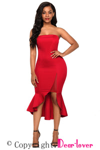 Sexy Red Asymmetric Ruffle Hem Strapless Party Dress