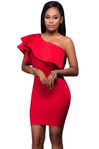 Sexy Red Asymmetric Ruffled Neckline Bodycon Mini Dress