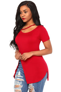 Sexy Red Asymmetric Split Detail One String Shirt