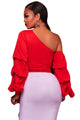 Sexy Red Asymmetrical Shoulder Ruffle Sleeve Top
