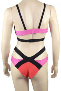 Sexy Red Bandage Color Block Bikini Swimsuit