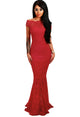 Sexy Red Bardot Lace Fishtail Maxi Dress