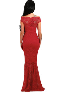 Sexy Red Bardot Lace Fishtail Maxi Dress