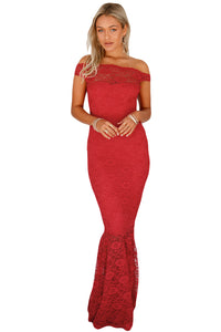 Sexy Red Bardot Lace Fishtail Maxi Dress