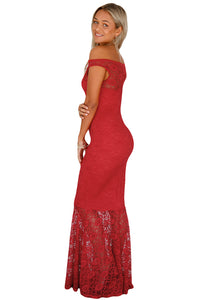 Sexy Red Bardot Lace Fishtail Maxi Dress