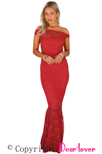 Sexy Red Bardot Lace Fishtail Maxi Dress