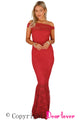 Sexy Red Bardot Lace Fishtail Maxi Dress