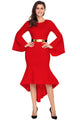 Sexy Red Bell Sleeve Dip Hem Belted Dress