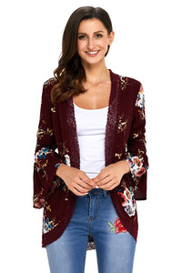 Sexy Red Bell Sleeve Floral Kimono with Lace Detail