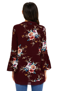 Sexy Red Bell Sleeve Floral Kimono with Lace Detail