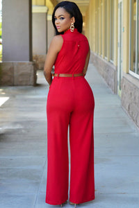Sexy Red Belted Wide Leg Jumpsuit