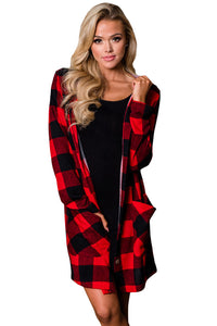Sexy Red Black Checkered Button Up Hooded Cardigan