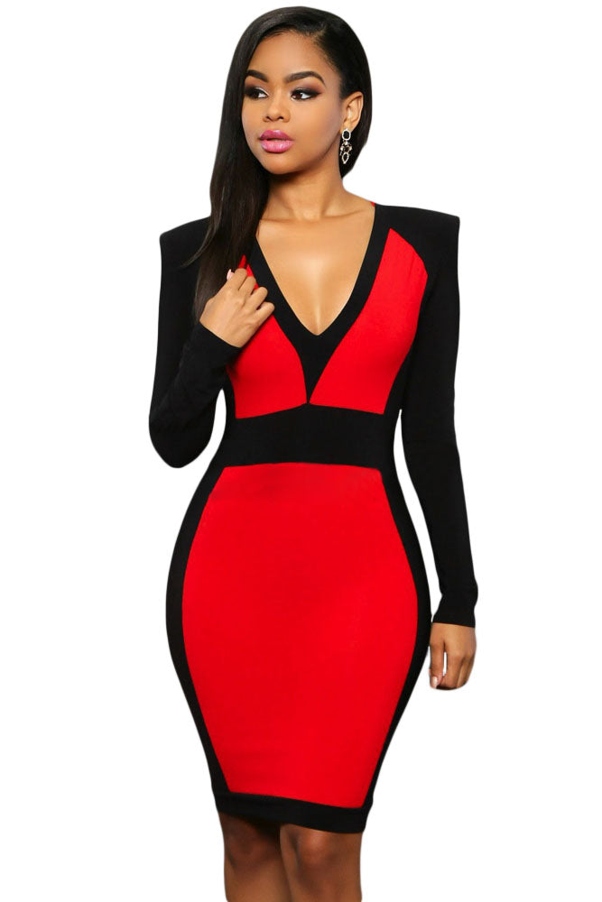 Sexy Red Black Color Block Long Sleeve Midi Dress Sexy Red Black Color Block Long Sleeve Midi Dress