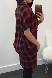 Sexy Red Black Plaid Half Sleeve Midi Shirt Dress