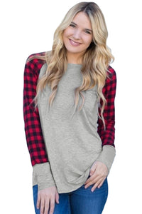 Sexy Red Black Plaid Sleeve Grey Top