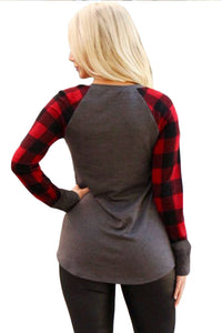 Sexy Red Black Plaid Sleeve Taupe Top