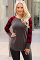 Sexy Red Black Plaid Sleeve Taupe Top