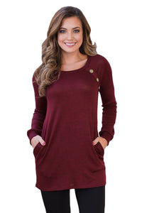 Sexy Red Button and Suede Accent Tunic Top