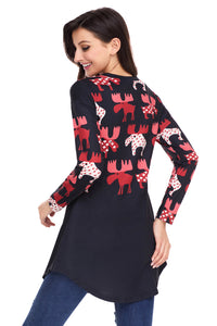 Sexy Red Cartoon Reindeer Print Black Christmas Blouse