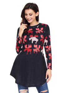 Sexy Red Cartoon Reindeer Print Black Christmas Blouse