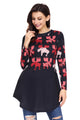 Sexy Red Cartoon Reindeer Print Black Christmas Blouse