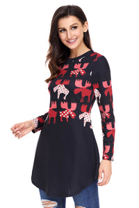 Sexy Red Cartoon Reindeer Print Black Christmas Blouse