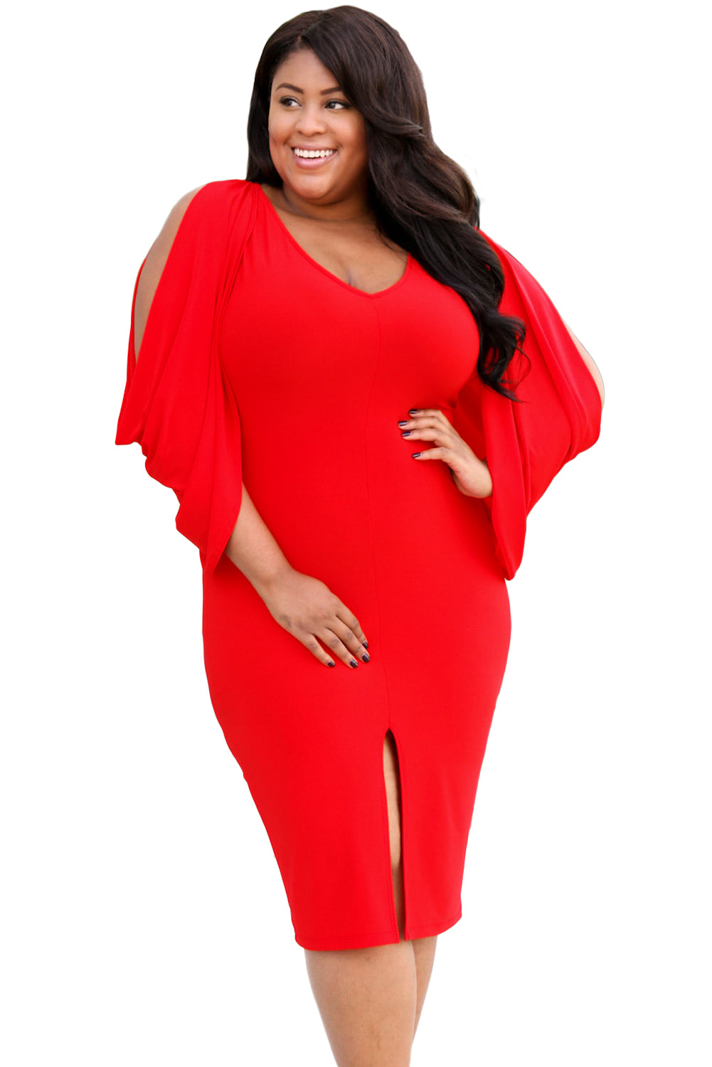 Sexy Red Cascading Slit Sleeve Bodycon Plus Size Dress SEXY AFFORDABLE CLOTHING Sexy Red Cascading Slit Sleeve Bodycon Plus Size Dress SEXY AFFORDABLE CLOTHING
