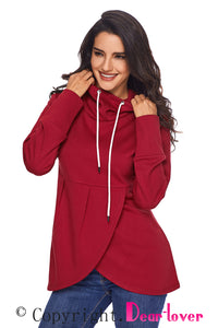 Sexy Red Casual Asymmetric Hem Pullover Hoodie