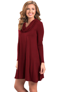 Sexy Red Cowl Neck Long Sleeve Casual Loose Swing Dress