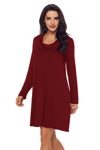 Sexy Red Cowl Neck Long Sleeve Casual Loose Swing Dress