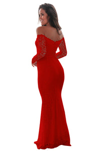 Sexy Red Crochet Off Shoulder Maxi Evening Party Dress