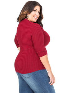 Sexy Red Deep V Fitted Rubbed Knit Plus Size Top