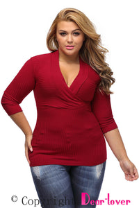 Sexy Red Deep V Fitted Rubbed Knit Plus Size Top