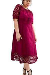 Sexy Red Floral Lace Splice Short Sleeve Curvy Dress