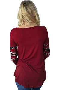 Sexy Red Floral Print Splice Sleeve Pullover Blouse