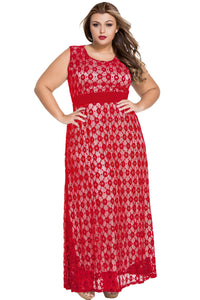 Sexy Red Flowery Lace Overlay Belted Curvy Maxi Dress