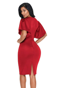 Sexy Red Flutter Sleeve Back Slit Sheath Dress