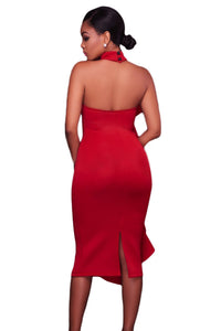 Sexy Red Halter High Neck Ruffled Midi Party Dress with Back Slit