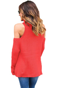 Sexy Red High Neck Cold Shoulder Ribbed Knit Top